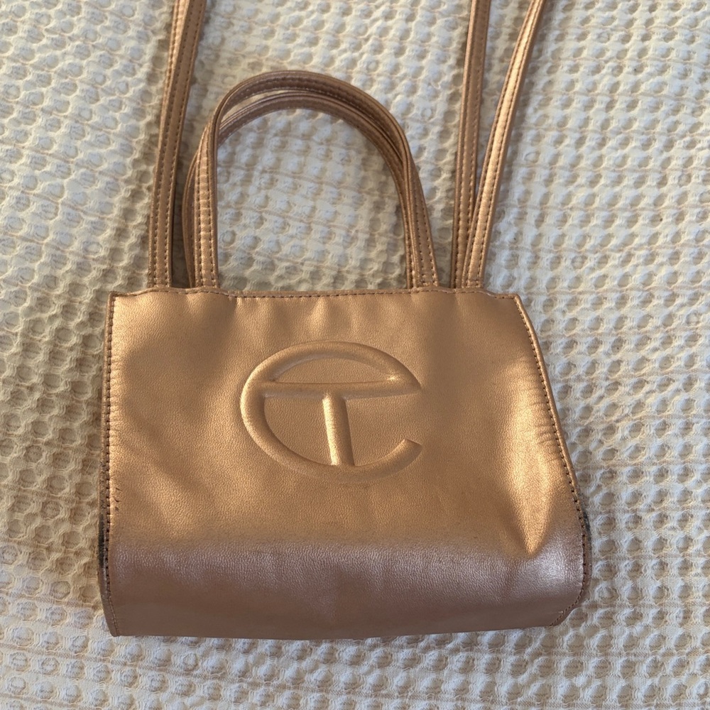 Telfar Metallic Rose Gold Crossbody Tote with Embossed Logo